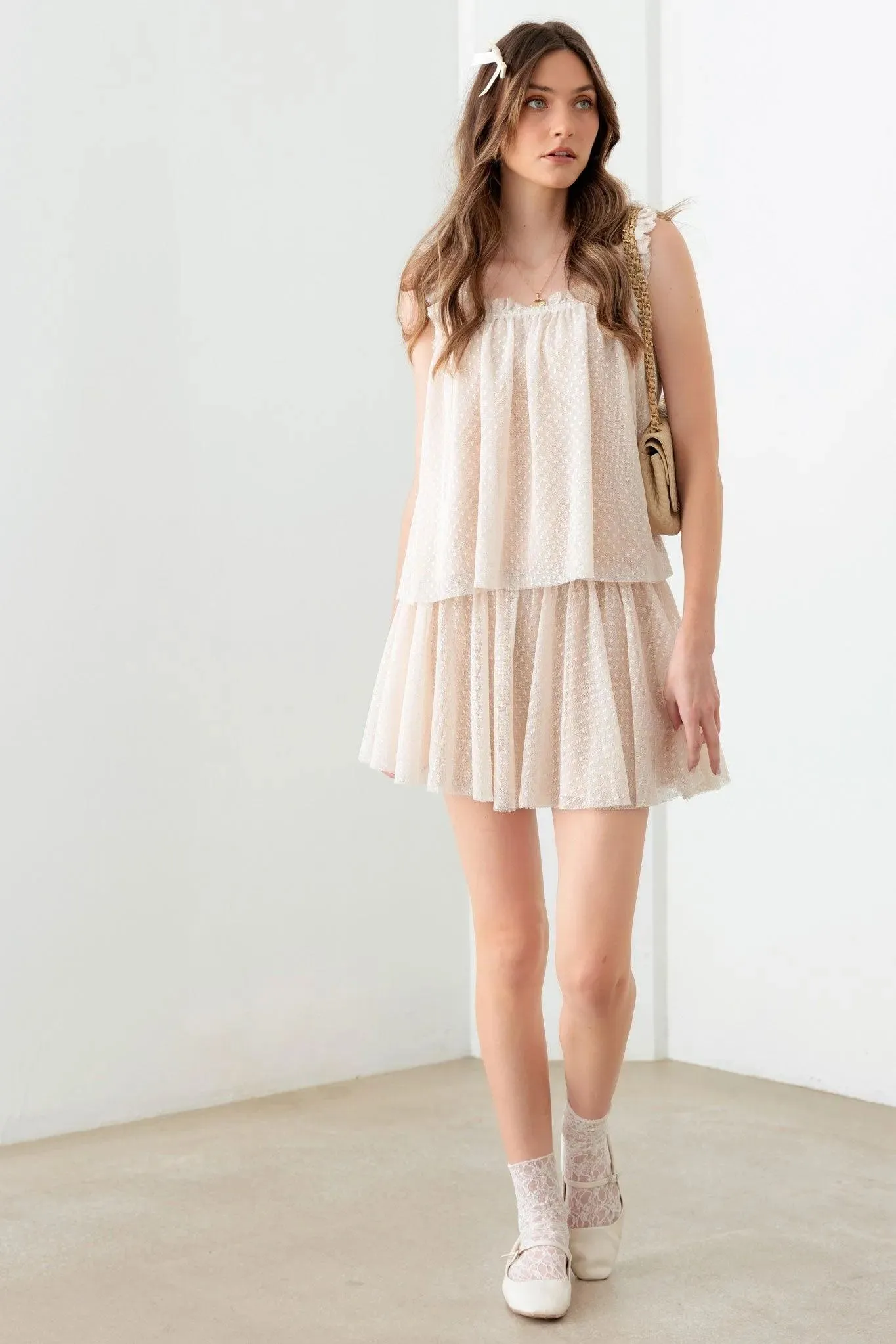 Sheer Pin Dot Tank Top & Elastic Waist Skirt Set