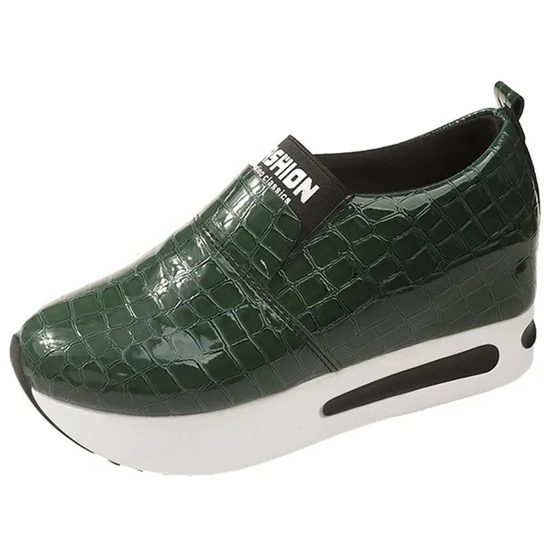 Sohiwoo Fashion Green Platform Sneakers Women 2024 Spring Hidden Heels Sports Shoes Woman Thick Sole Non-Slip Pu Leather Loafers Shoes