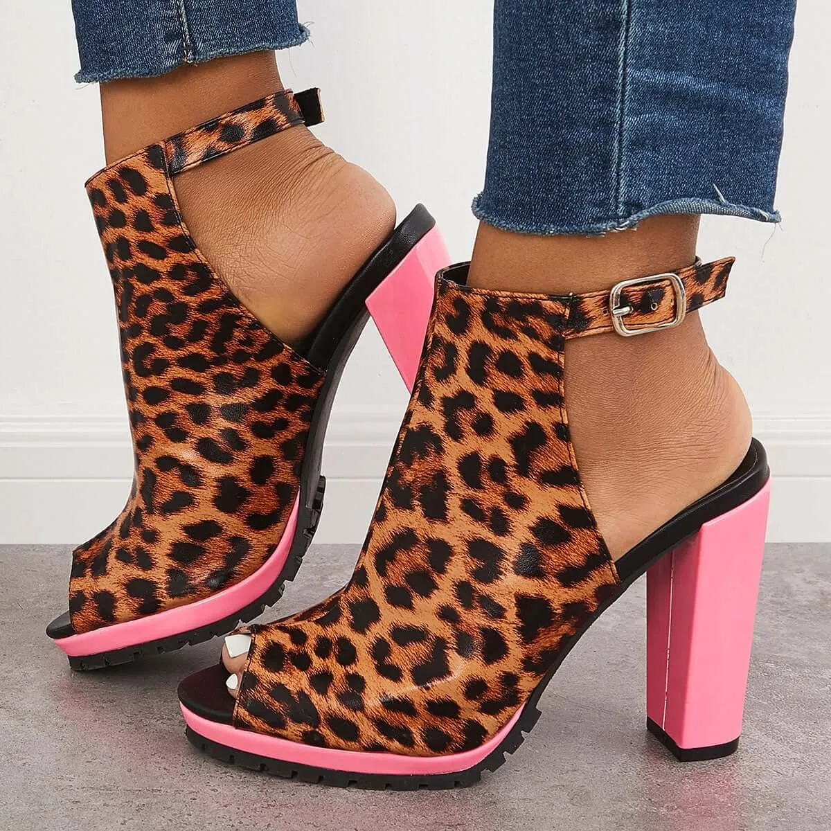 Sohiwoo Peep Toe Chunky High Block Heels Cutout Slingback Sandals