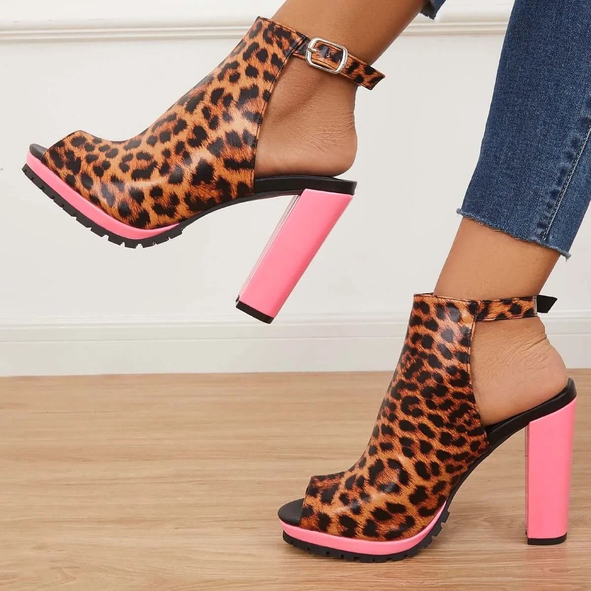 Sohiwoo Peep Toe Chunky High Block Heels Cutout Slingback Sandals