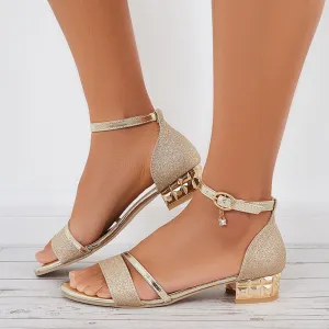 Sohiwoo  Shiny Block Heel Ankle Strap Sandals Open Toe Bridal Shoes