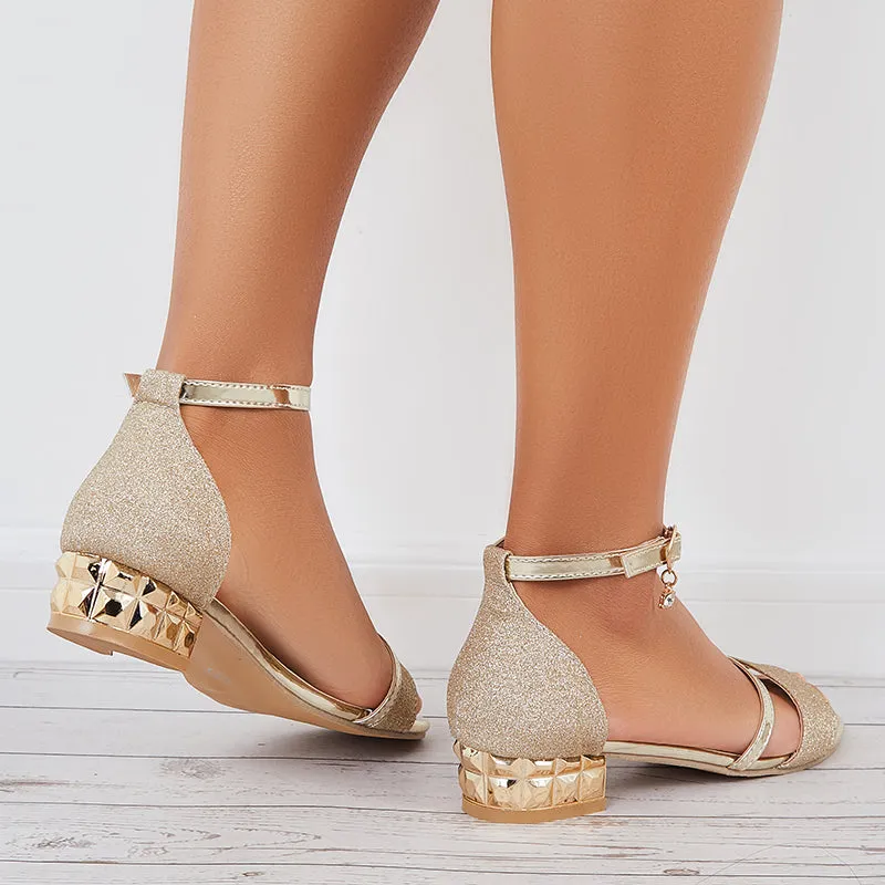 Sohiwoo  Shiny Block Heel Ankle Strap Sandals Open Toe Bridal Shoes