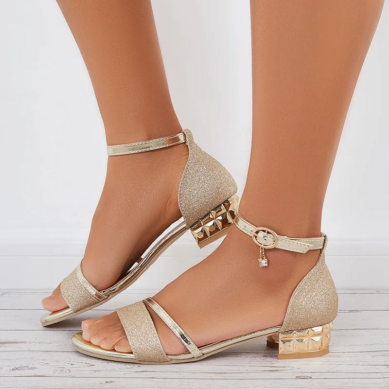 Sohiwoo  Shiny Block Heel Ankle Strap Sandals Open Toe Bridal Shoes