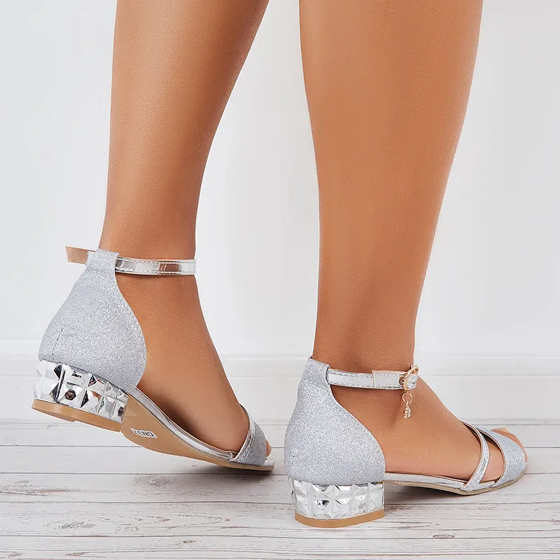 Sohiwoo  Shiny Block Heel Ankle Strap Sandals Open Toe Bridal Shoes