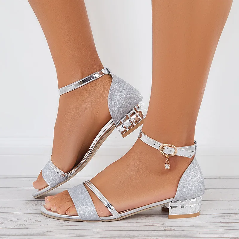 Sohiwoo  Shiny Block Heel Ankle Strap Sandals Open Toe Bridal Shoes