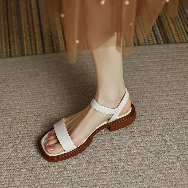 Sohiwoo Summer Women Sandals Low Heels Basic Genuine Leather Office Ladies Casual Outdoor Shoes Woman Concise
