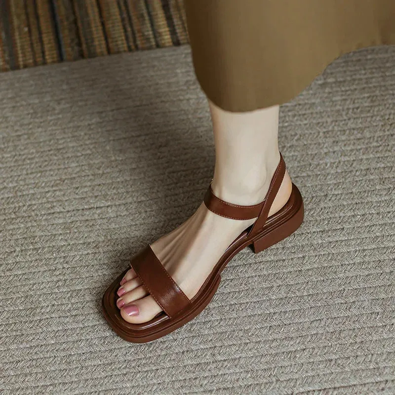 Sohiwoo Summer Women Sandals Low Heels Basic Genuine Leather Office Ladies Casual Outdoor Shoes Woman Concise