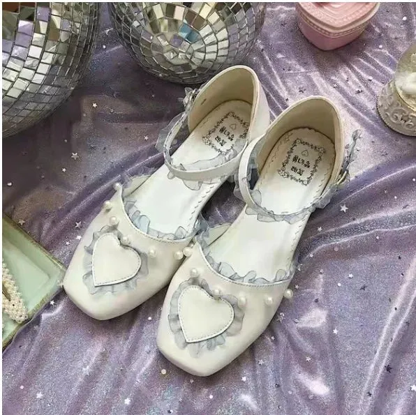 Sohiwoo vintage square head flat women shoes cute lace pearl kawaii shoes loli cosplay Sweet princess lolita shoes