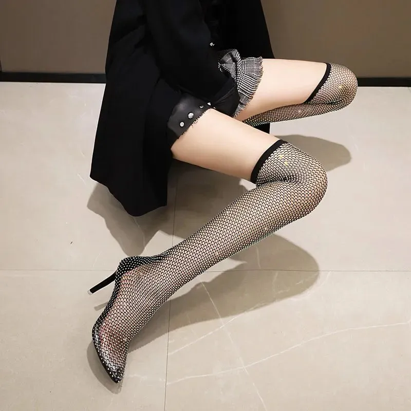 Sohiwoo Women's  Luxury Over-the-knee Boot Long Bright Diamond Shoes  Summer Woman Sandals High Heels Clear Designer Sexy Club Party