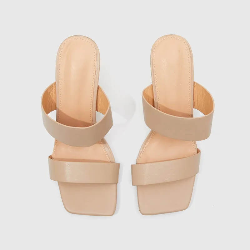 Square Toe Gourd Heeled Sandals Beige
