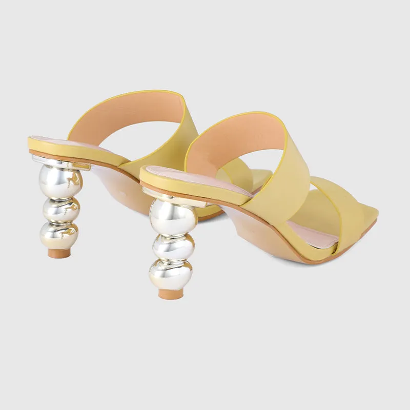Square Toe Gourd Heeled Sandals Beige