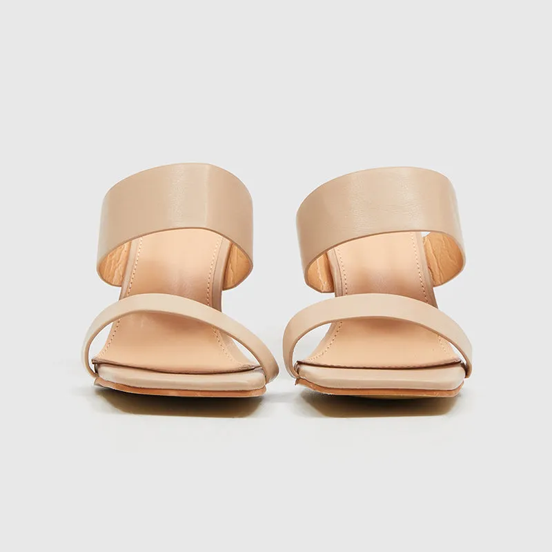 Square Toe Gourd Heeled Sandals Beige
