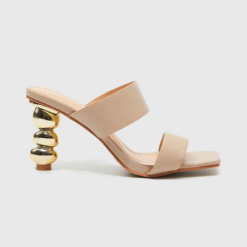 Square Toe Gourd Heeled Sandals Beige