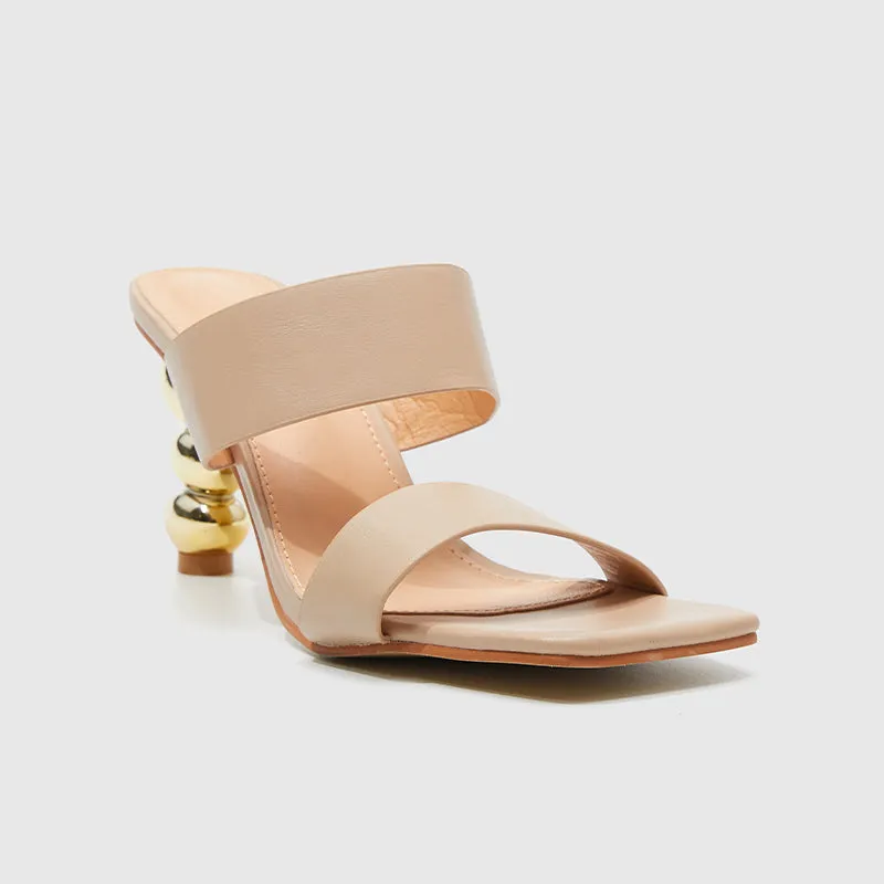 Square Toe Gourd Heeled Sandals Beige