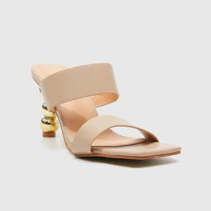 Square Toe Gourd Heeled Sandals Beige