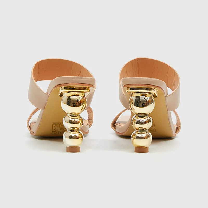 Square Toe Gourd Heeled Sandals Beige