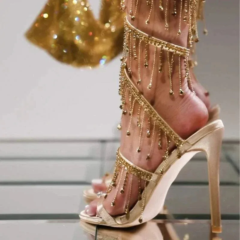 Strappy High Heels: Rhinestone String Bead Ankle strappy heeled sandal