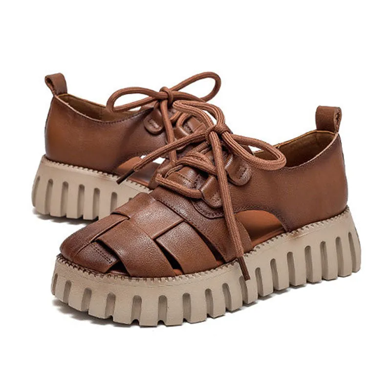 Stylish Summer Casual Plaid Soft Genuine Leather Platform Sandals