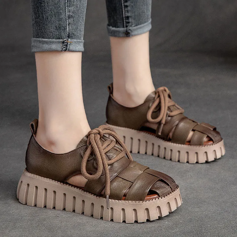 Stylish Summer Casual Plaid Soft Genuine Leather Platform Sandals