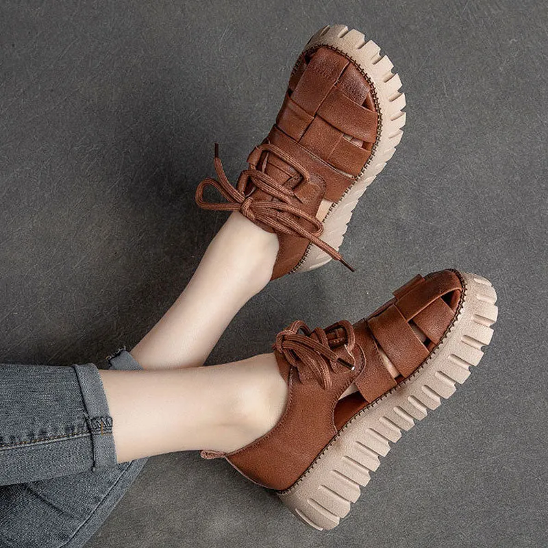 Stylish Summer Casual Plaid Soft Genuine Leather Platform Sandals
