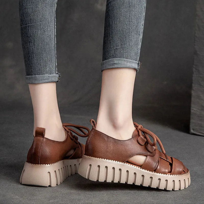 Stylish Summer Casual Plaid Soft Genuine Leather Platform Sandals