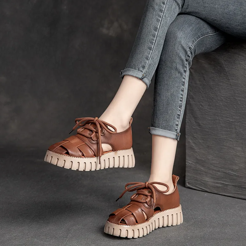 Stylish Summer Casual Plaid Soft Genuine Leather Platform Sandals