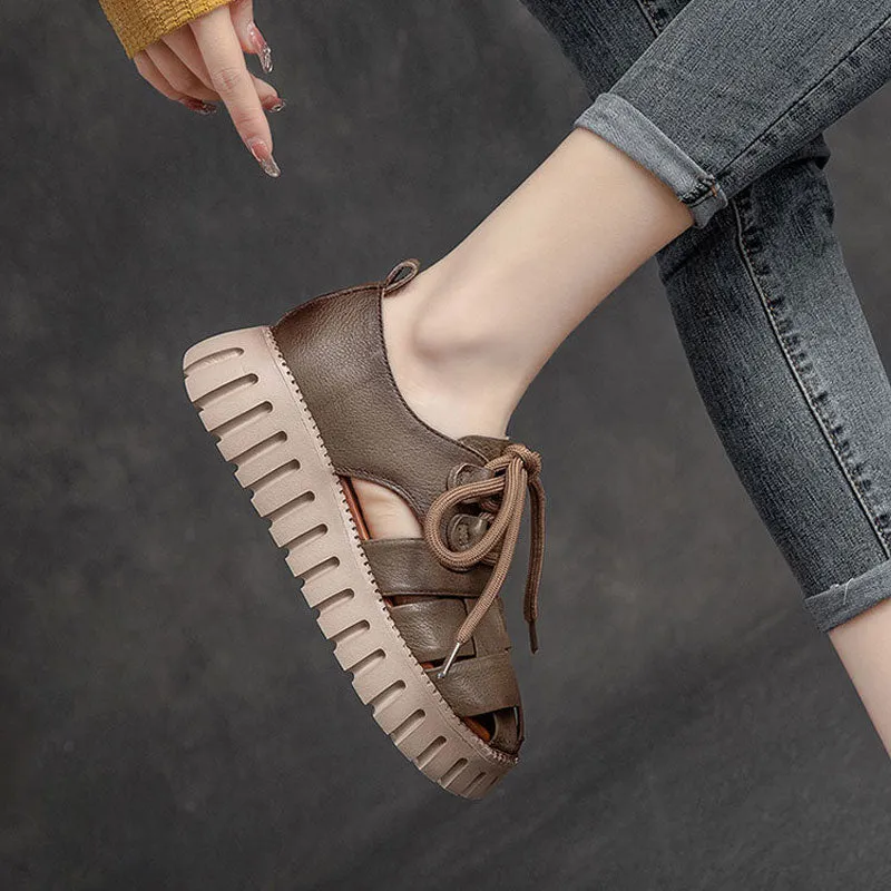 Stylish Summer Casual Plaid Soft Genuine Leather Platform Sandals