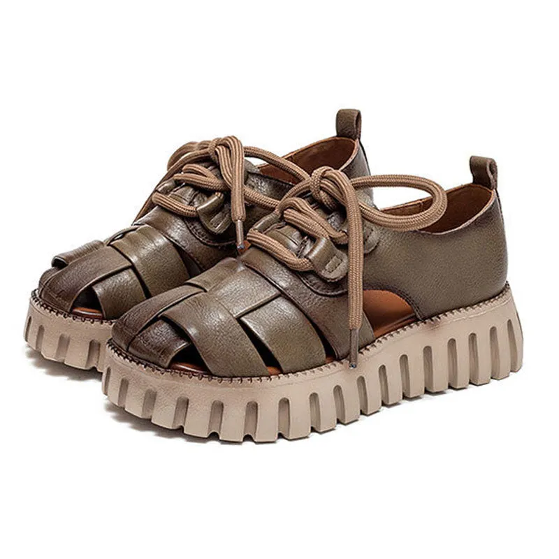 Stylish Summer Casual Plaid Soft Genuine Leather Platform Sandals