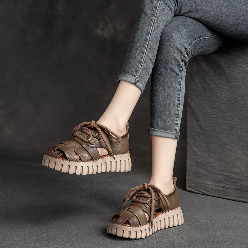 Stylish Summer Casual Plaid Soft Genuine Leather Platform Sandals