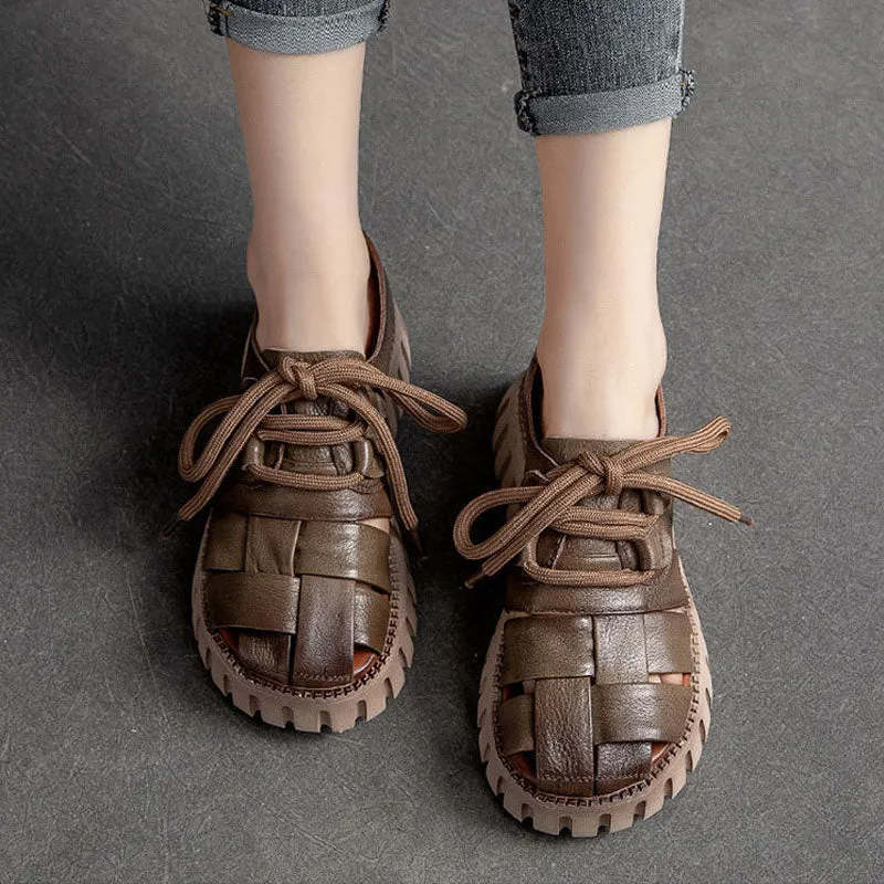 Stylish Summer Casual Plaid Soft Genuine Leather Platform Sandals
