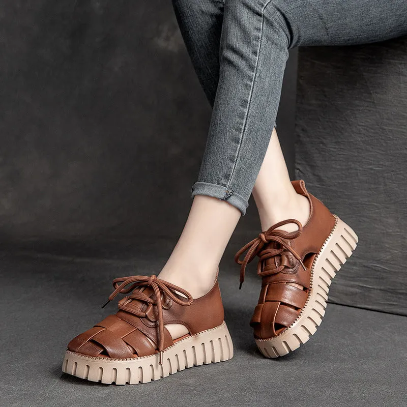 Stylish Summer Casual Plaid Soft Genuine Leather Platform Sandals