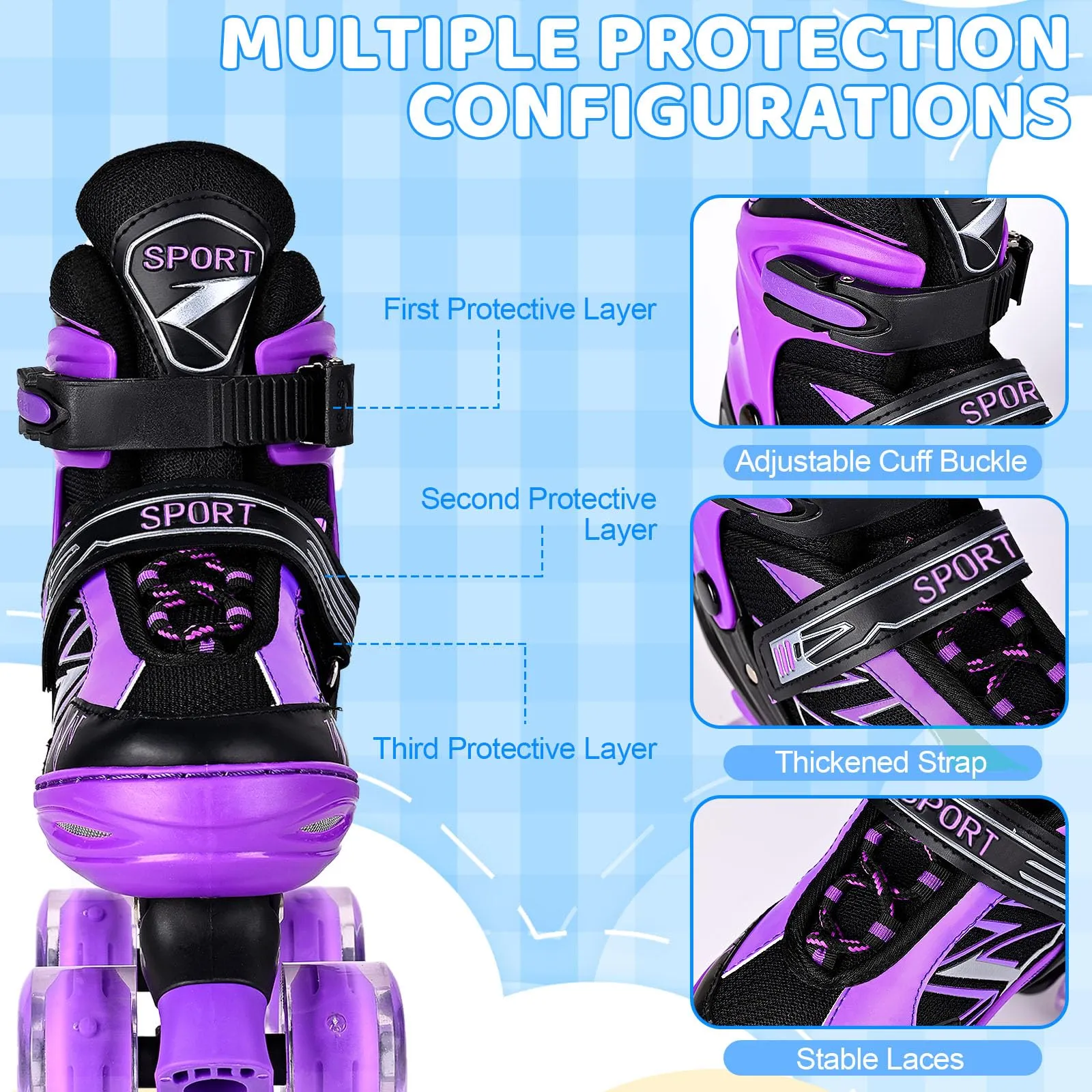 SYXKJ Boys Girls 4 Size Adjustable Kids Roller Skates for Children Toddlers Beginner with All Light Up Wheels, Birthday Gift for Outdoor Indoor Sports (Black Purple, Medium)