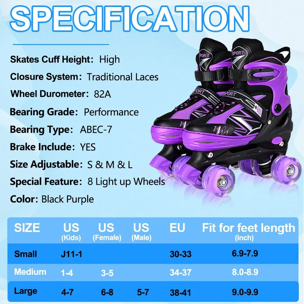 SYXKJ Boys Girls 4 Size Adjustable Kids Roller Skates for Children Toddlers Beginner with All Light Up Wheels, Birthday Gift for Outdoor Indoor Sports (Black Purple, Medium)
