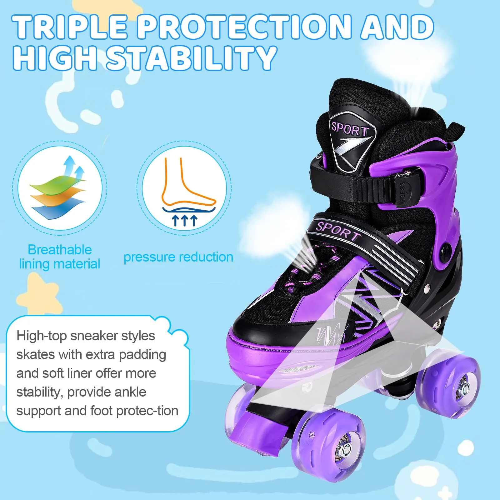 SYXKJ Boys Girls 4 Size Adjustable Kids Roller Skates for Children Toddlers Beginner with All Light Up Wheels, Birthday Gift for Outdoor Indoor Sports (Black Purple, Medium)