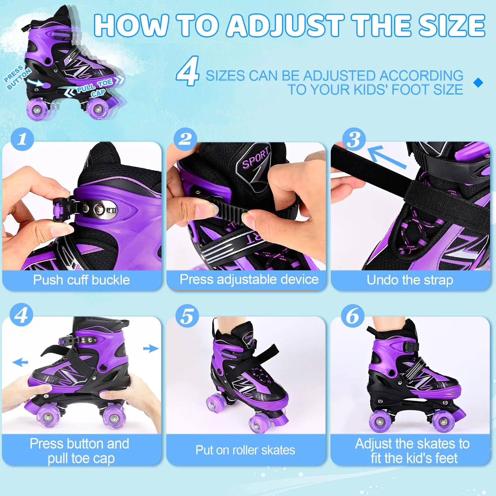 SYXKJ Boys Girls 4 Size Adjustable Kids Roller Skates for Children Toddlers Beginner with All Light Up Wheels, Birthday Gift for Outdoor Indoor Sports (Black Purple, Medium)