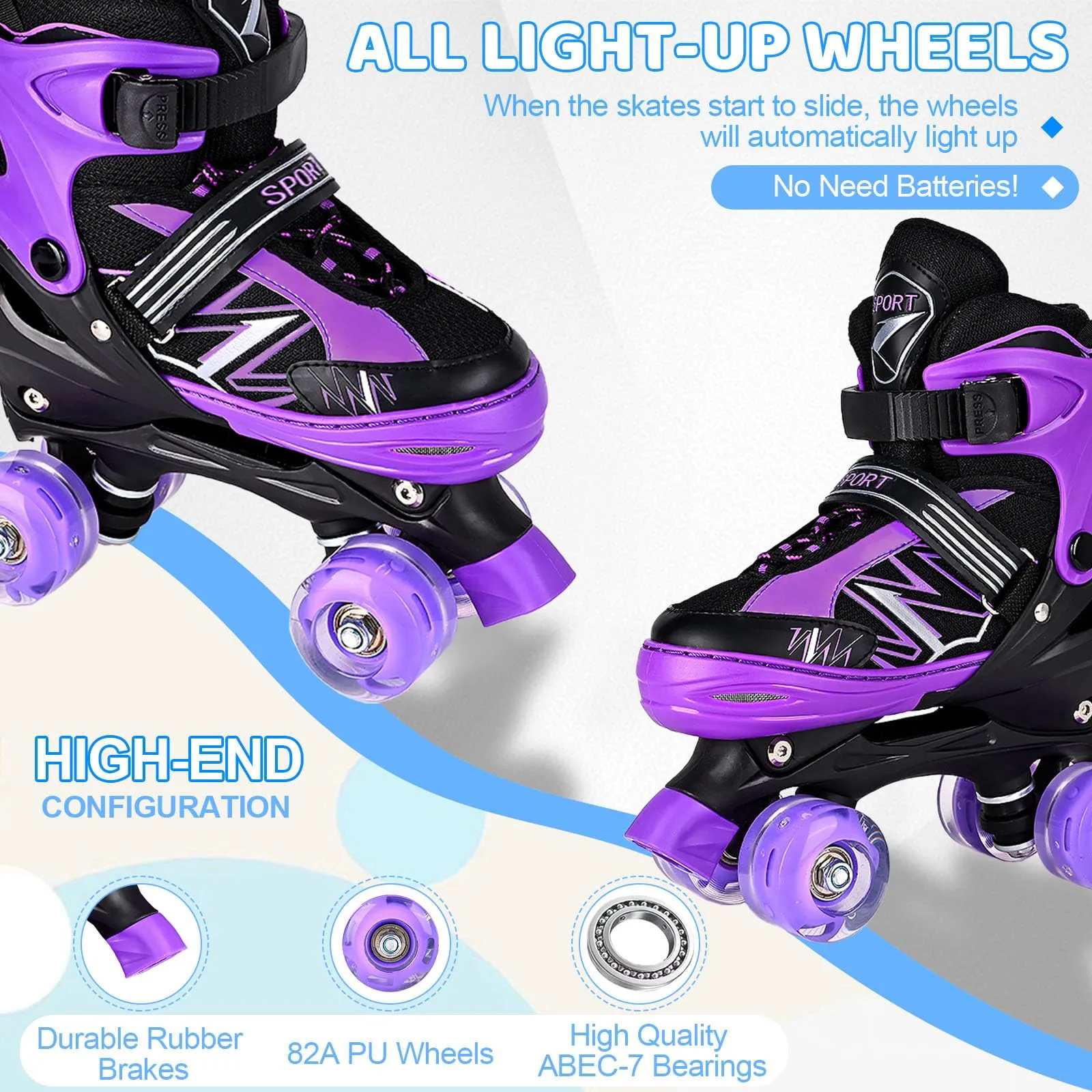 SYXKJ Boys Girls 4 Size Adjustable Kids Roller Skates for Children Toddlers Beginner with All Light Up Wheels, Birthday Gift for Outdoor Indoor Sports (Black Purple, Medium)