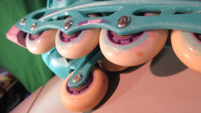 Used Crazy Skates Teal Glitter SMALL J11-1 Adjustable 4 Sizes Inline Skates