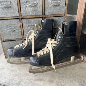 Vintage Mens Bauer Black Leather Ice Skates With Original Laces & Metal Blades Size 11