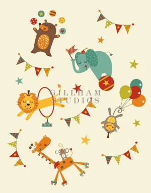 Whimsical circus characters and banners