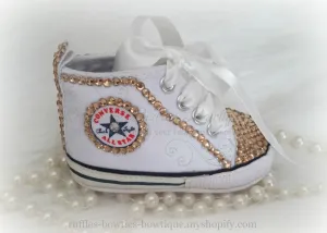 White and Gold Crystal Baby Converse High Tops- Crystal Shoes - Pre Walker Shoes - Baby Girl Shoes - Wedding - Christening - Baptism - Baby