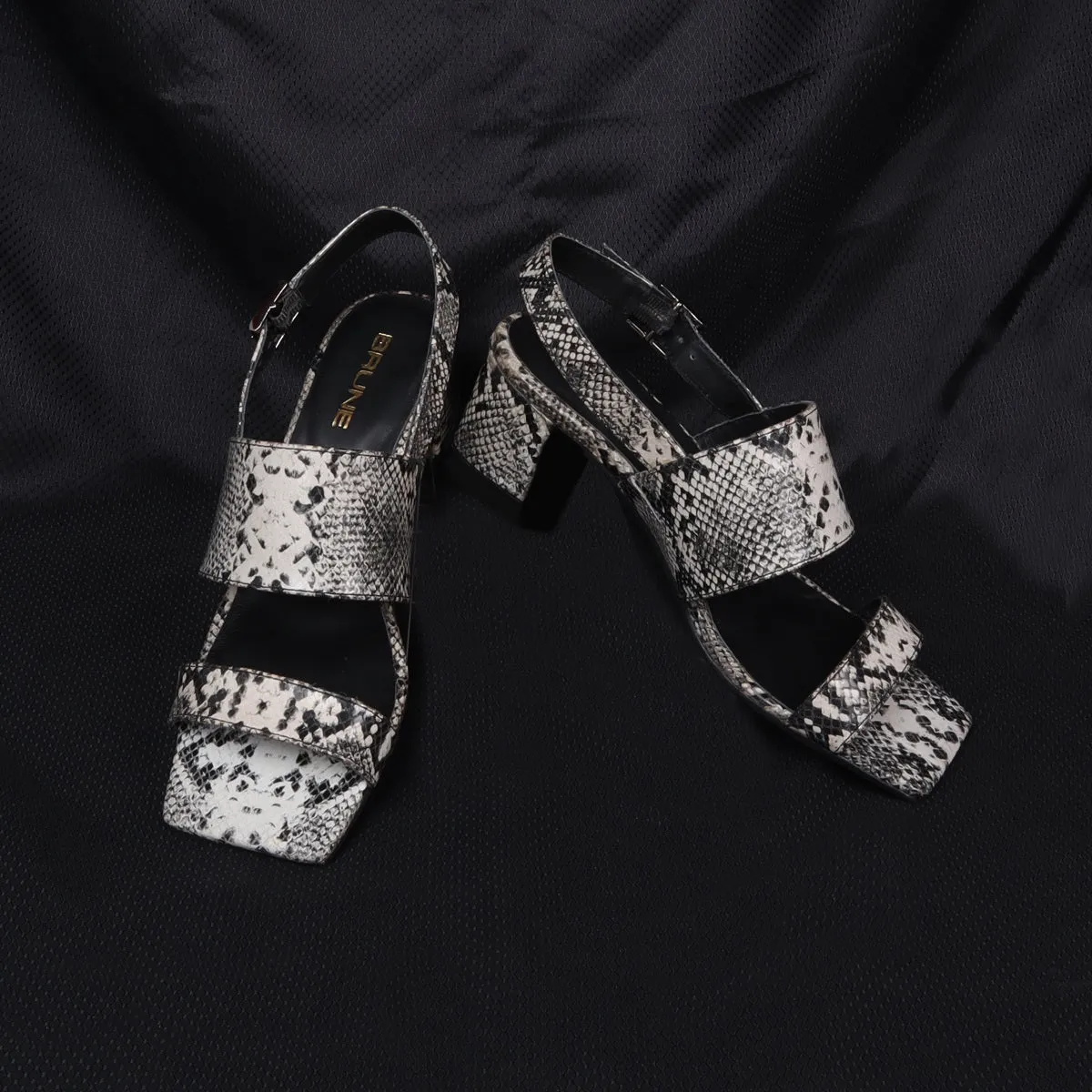Women Snake Print Leather Slide-In Slippers Double Strap Heeled Sandal By Brune & Bareskin
