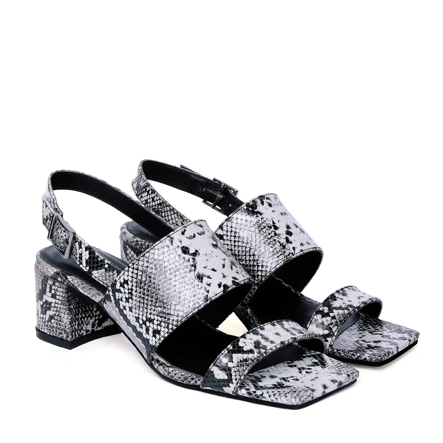 Women Snake Print Leather Slide-In Slippers Double Strap Heeled Sandal By Brune & Bareskin