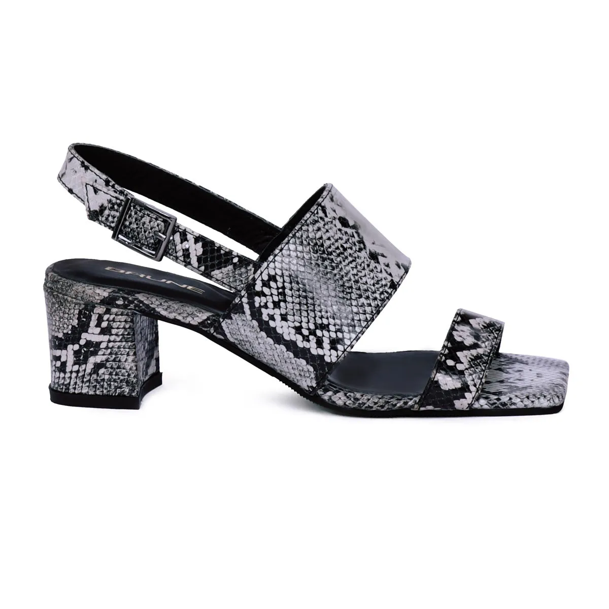 Women Snake Print Leather Slide-In Slippers Double Strap Heeled Sandal By Brune & Bareskin