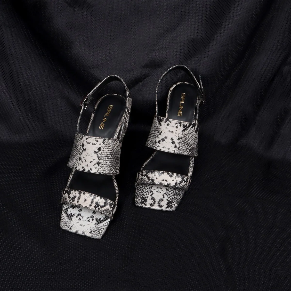 Women Snake Print Leather Slide-In Slippers Double Strap Heeled Sandal By Brune & Bareskin
