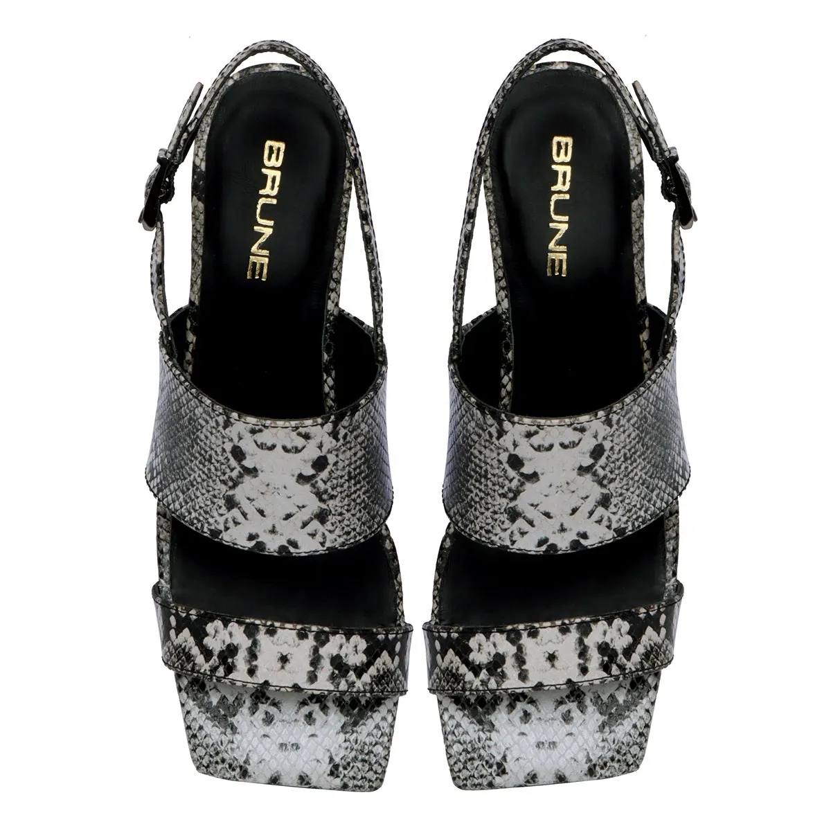 Women Snake Print Leather Slide-In Slippers Double Strap Heeled Sandal By Brune & Bareskin