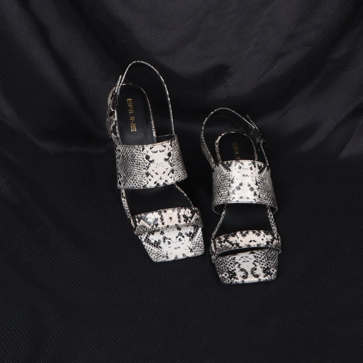 Women Snake Print Leather Slide-In Slippers Double Strap Heeled Sandal By Brune & Bareskin